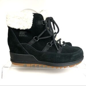 Sorel Black Suede Sherpa Sheep like Fur Wedge Comfy Shoes Sz 9 - HTF